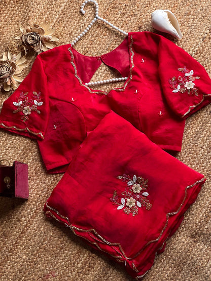 Sinderella handwork chiffon saree with stitched blouses