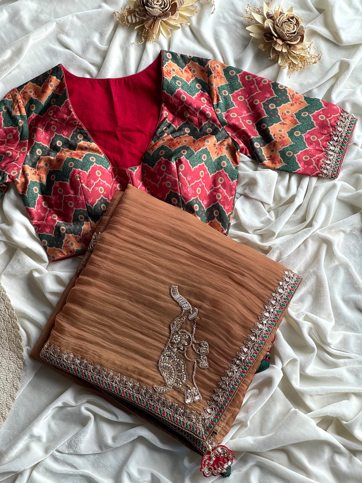 Crunchy silk rustic elephant saree with stitched blouse