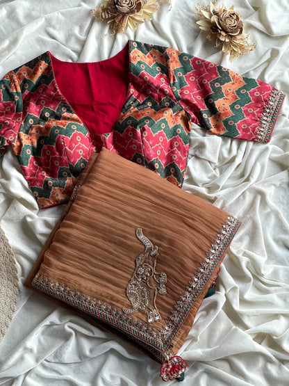 Crunchy silk rustic elephant saree with stitched blouse