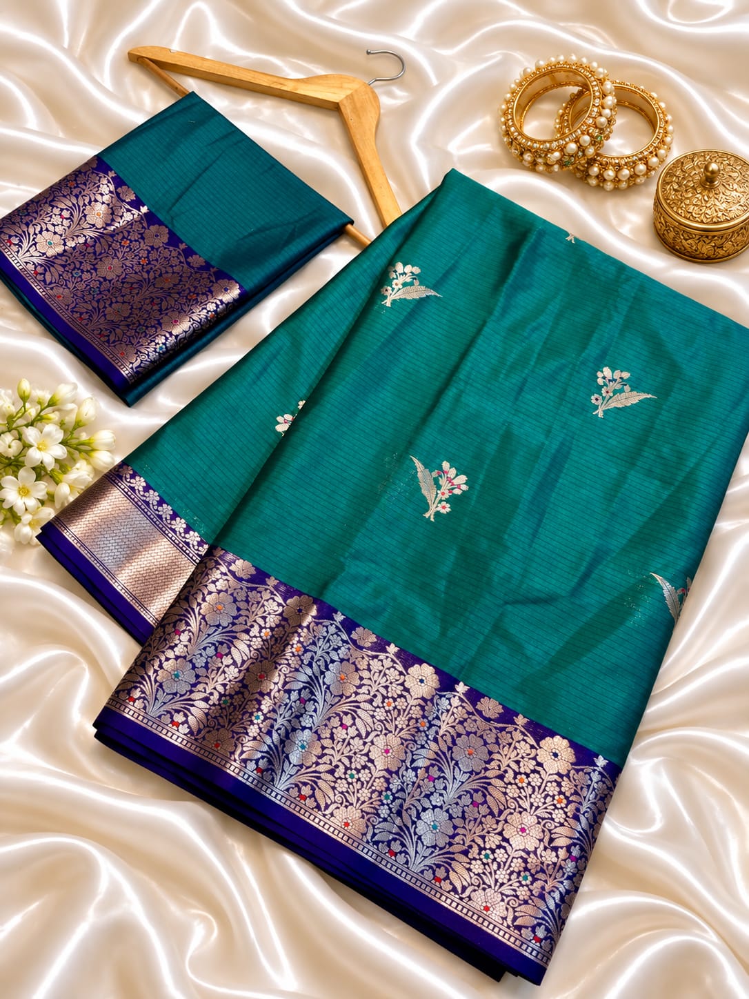 Banarasi Soft Katan Silk Saree – Contrast Pattu Border & Zari Butti