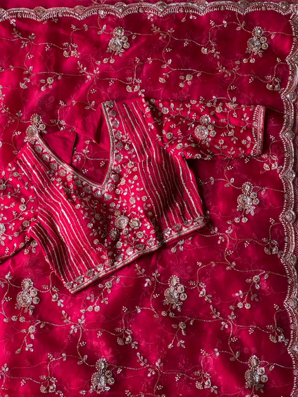 Raspberry Luxe Coctail Handwork saree with stitched blouse