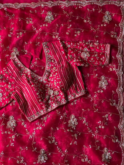 Raspberry Luxe Coctail Handwork saree with stitched blouse