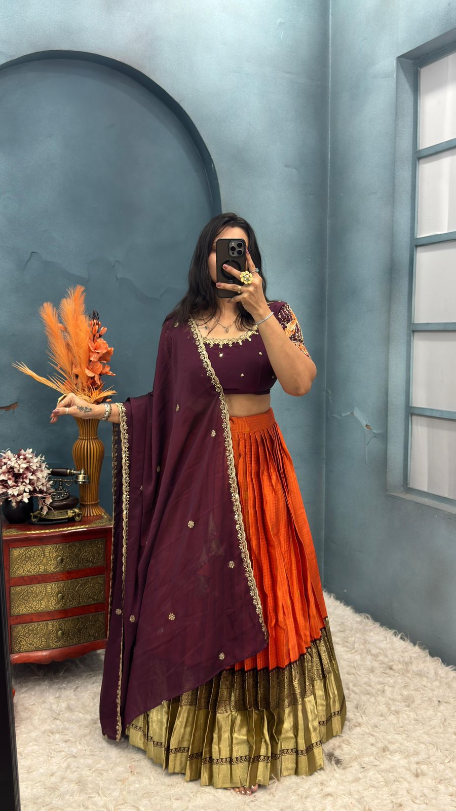 Kanchipuram Orange Trendy Aesthetic Designer Lehenga