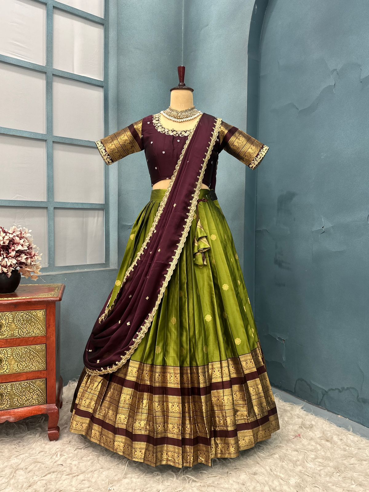 Kanchipuram Designer Green Aesthetic Lehenga