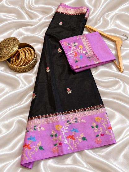 Budget Banarasi Katan Silk Saree with Contrast Alfi Border