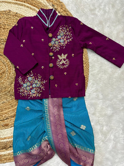 Banaras Silk Kids Wear with Maggam Handwork with boys dhoti with kurta sets