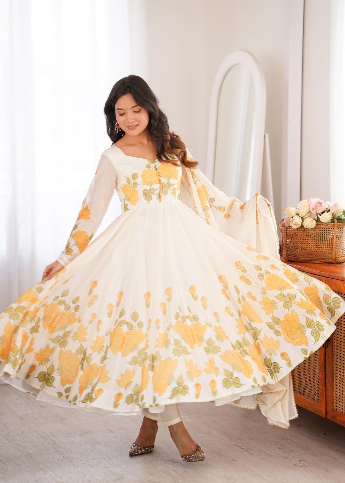 Classic Yellow Floral Printed Organza Anarkali sets