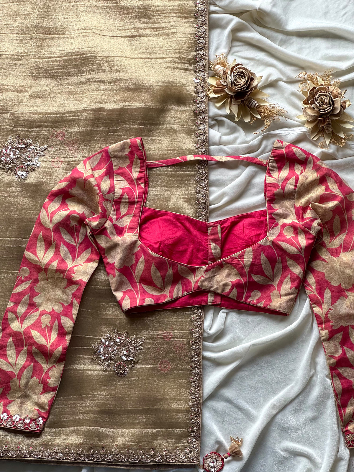 Salsa crunchy silk saree with stitched blouse