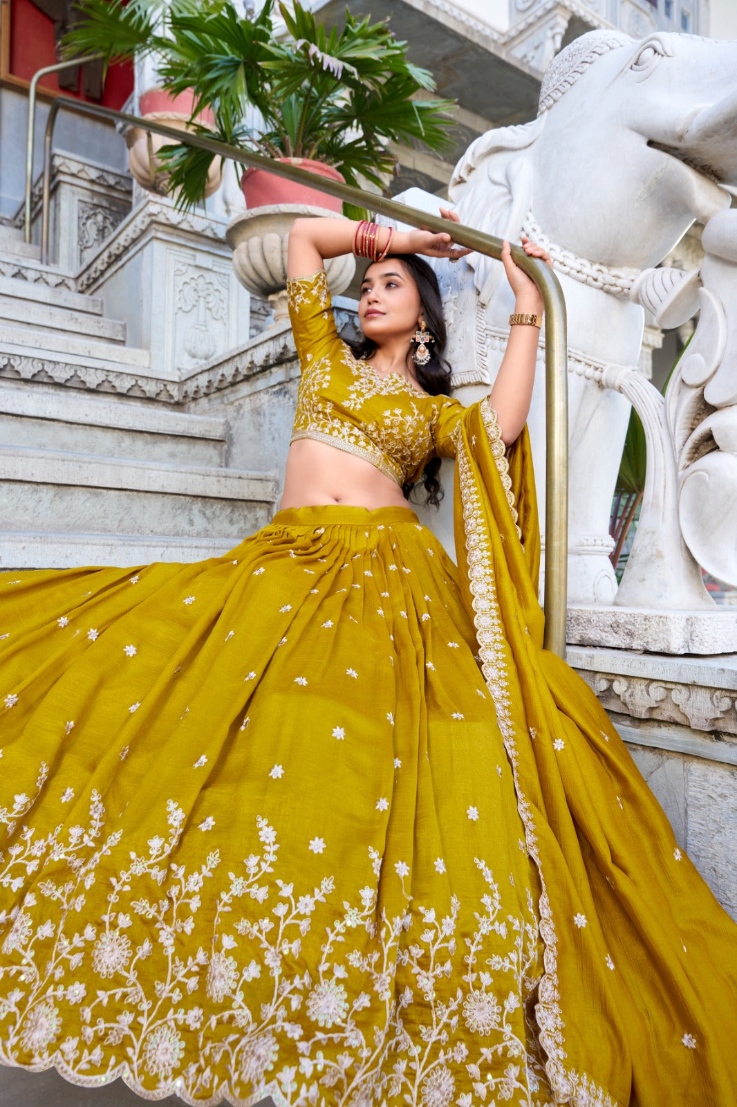 Vichitra silk mustard Haldi lehenga