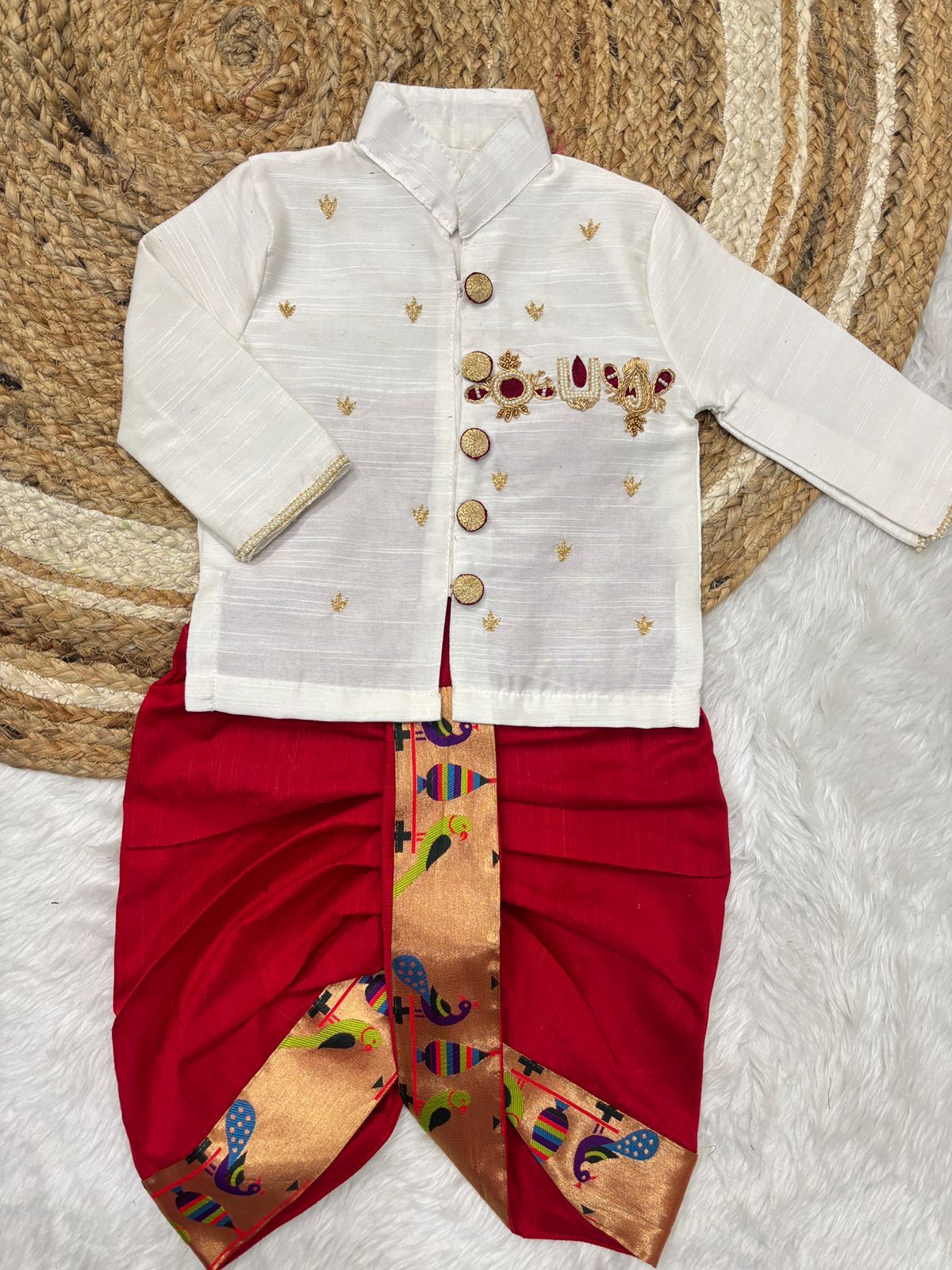 Boys Ethnic Raw Silk Dhoti Set with Paithani Border