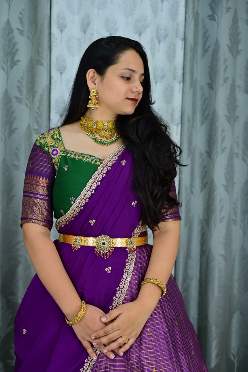 Semi kanchi check maggam work festival lehenga