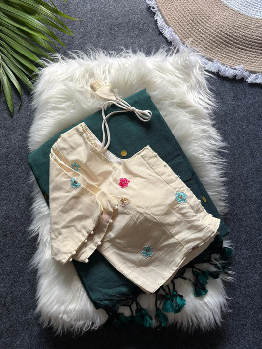 Khadi Cotton  saree with fully stitched Embroidery Blouse