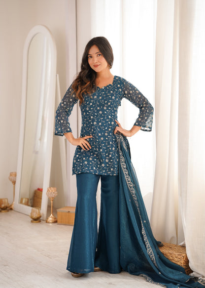Crunchy Silk Fabric With Embroidery Sequence kurti sets model