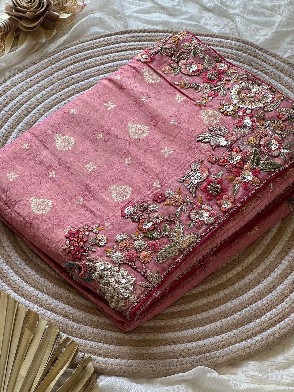 Luxe Dola Silk coding  work Multi
Saree with stitched blouse