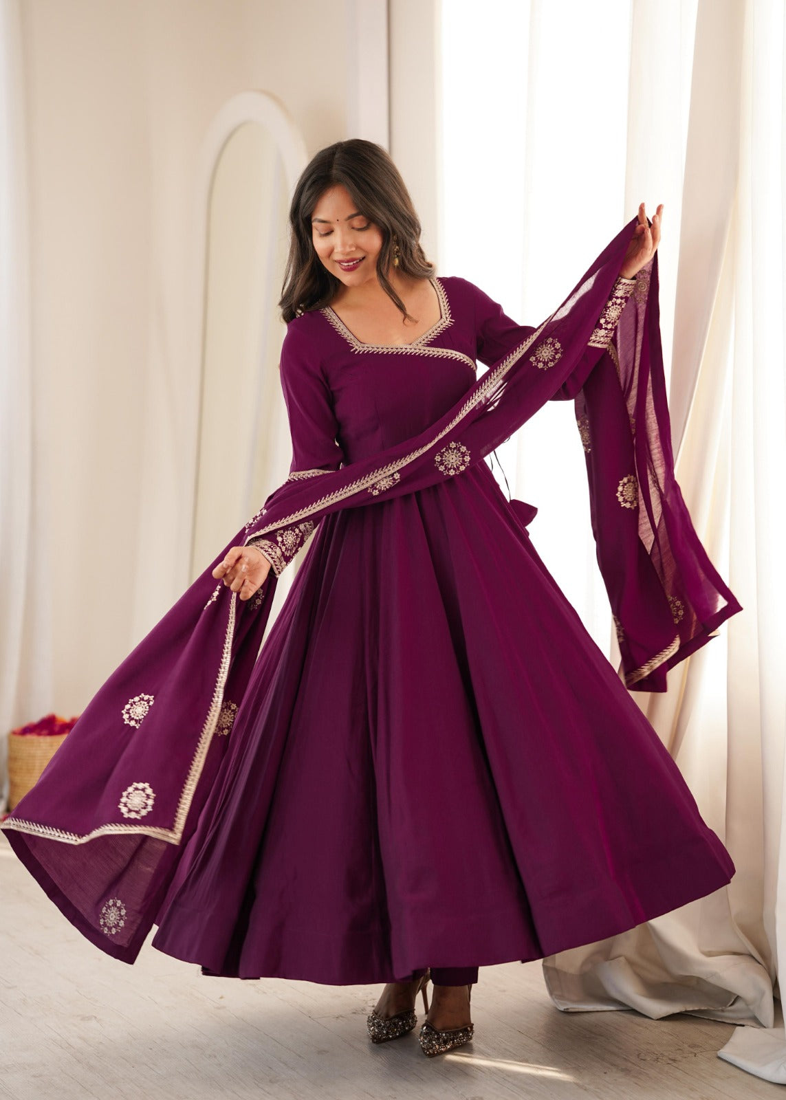 Pure Roman Chanderi Silk Fabric Fully Flare Angrakha Style Anarkali