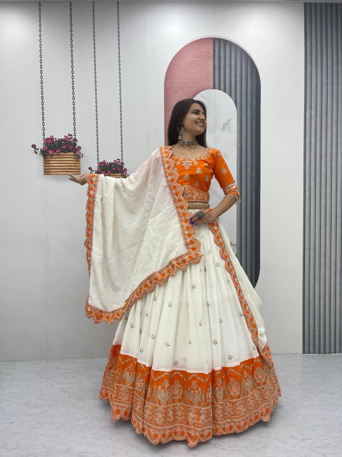 Chinon Embroidery glamour orange lehenga