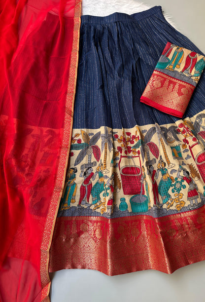 Kalmkari Printed  Chanderi Unstitched Lehenagas