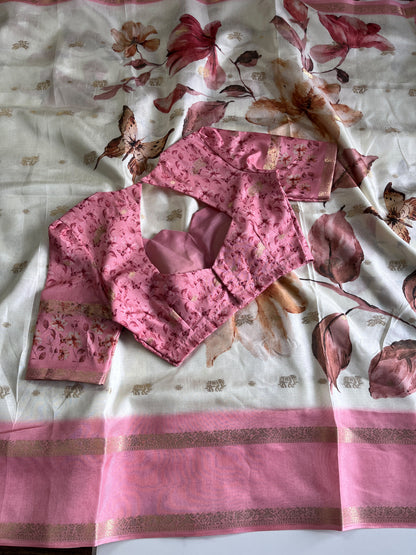Premium Silk Saree with elegant print on all over the saree with comes stitched Blouse
