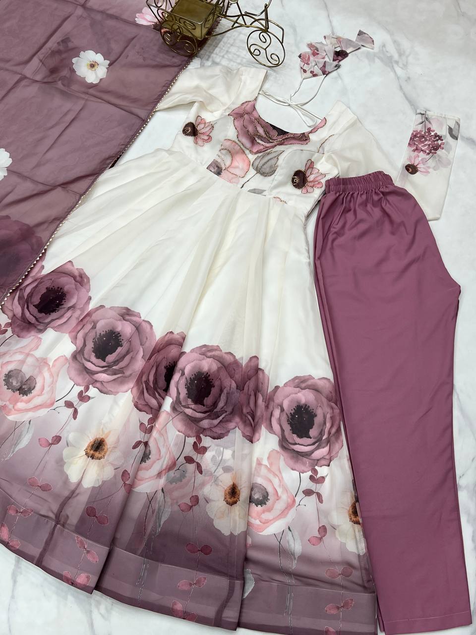 Floral printed Organza Anarkali Suit set