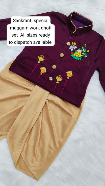Sankranthi special boy festival theme kurti with dhoti set pure maggam