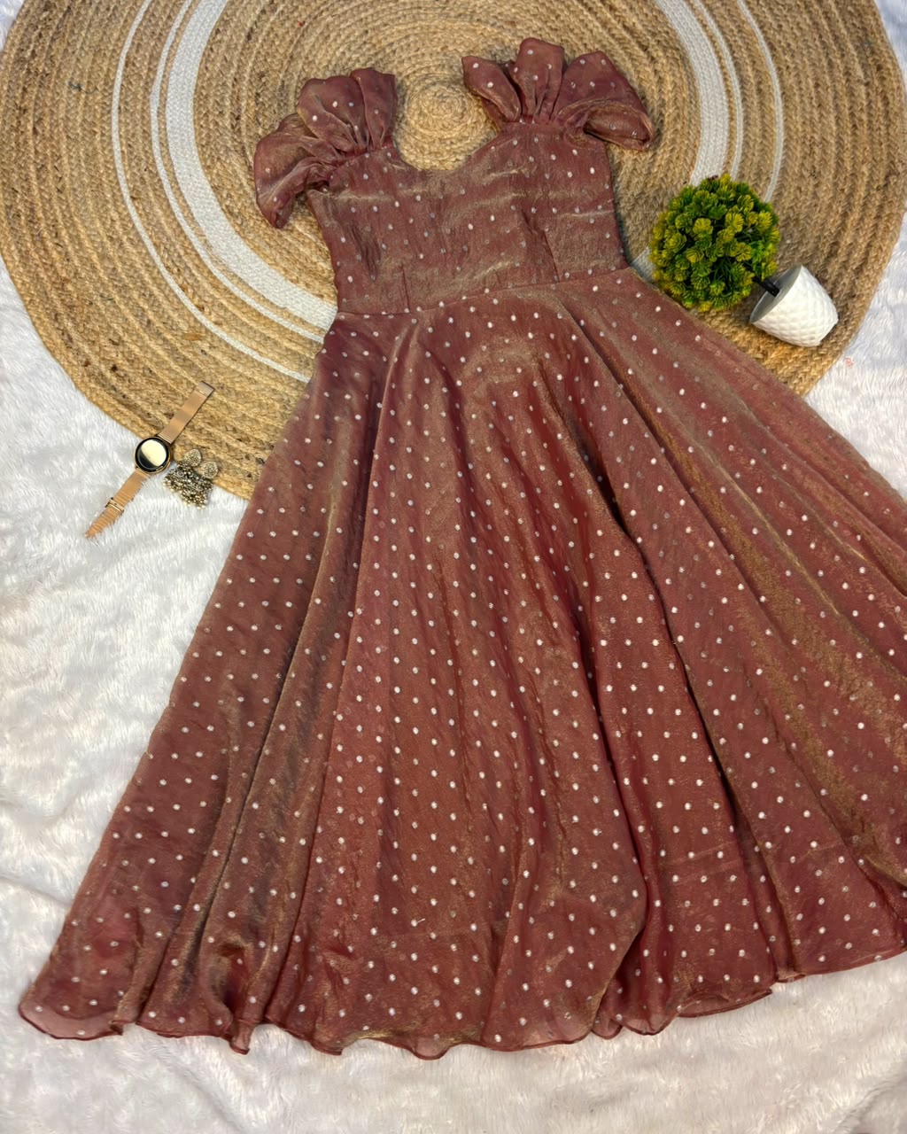 Designer princess party wear tissue butti midi gown