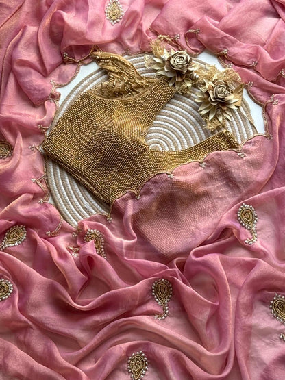 Space Georgette saeee with gold pearl work blouse