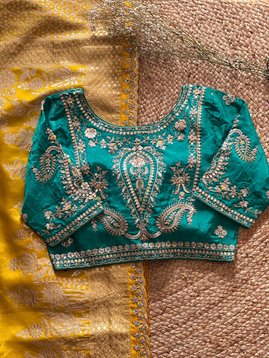 Luxe saree with stitched blouse Munga haldirasam saree