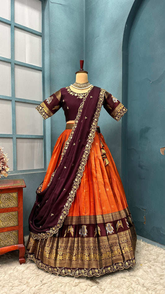 Kanjivaram silk Designer jacquard embroidery lehenga sets