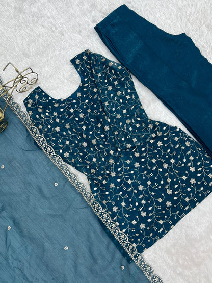 Crunchy Silk Fabric With Embroidery Sequence kurti sets model