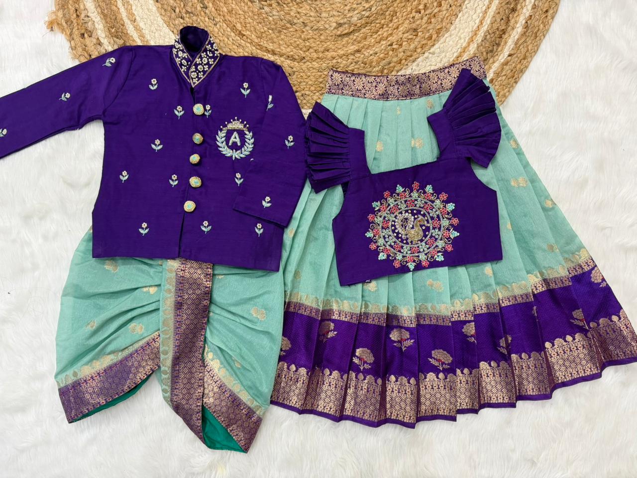 Brother & Sister Maggam Cute Traditional Combo – Banaras Silk Crop Top & Boy Kurta Dhoti Set