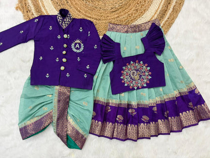 Brother & Sister Maggam Cute Traditional Combo – Banaras Silk Crop Top & Boy Kurta Dhoti Set