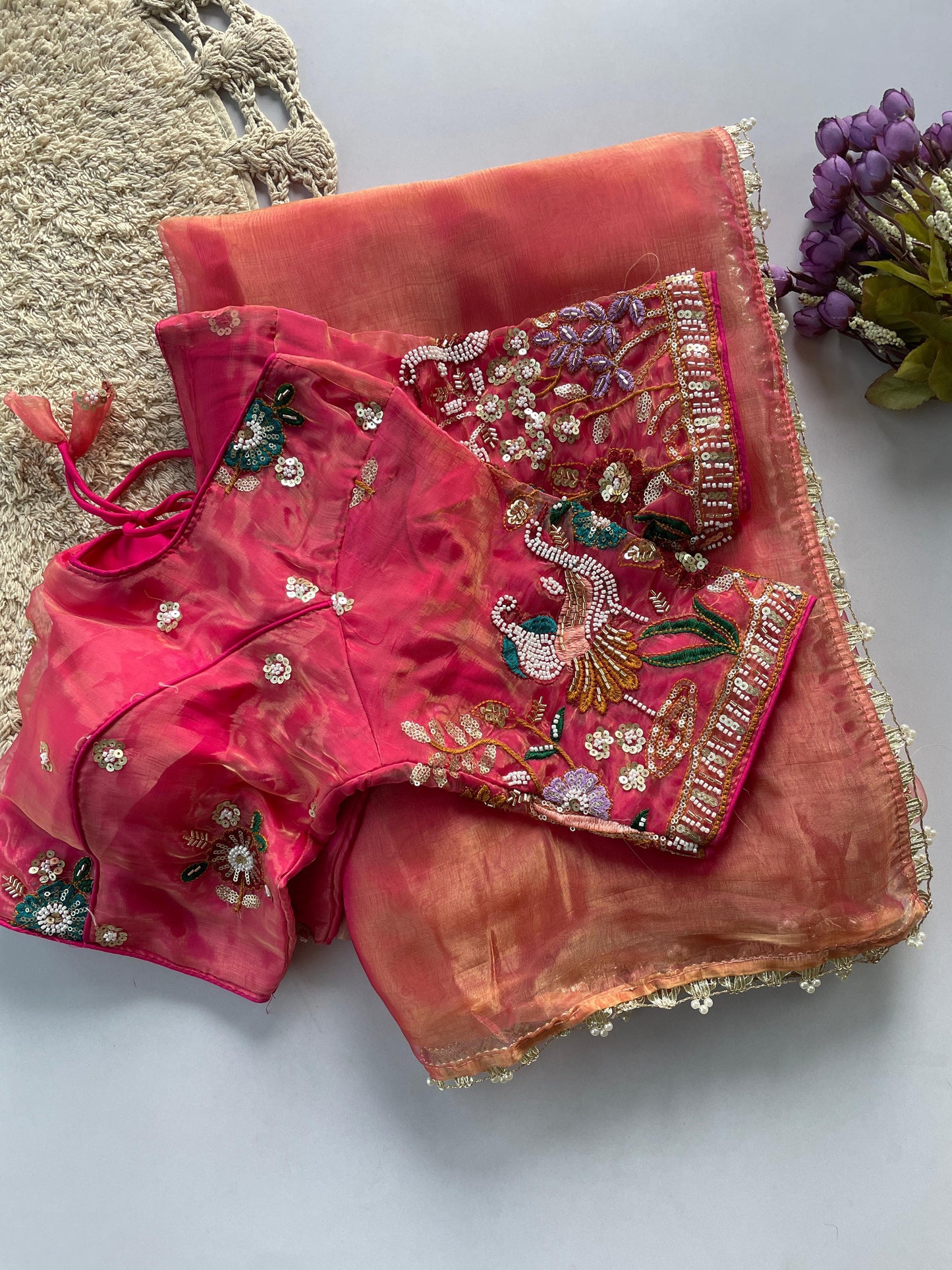 Liquid organza hand work  saree with stitched blouse