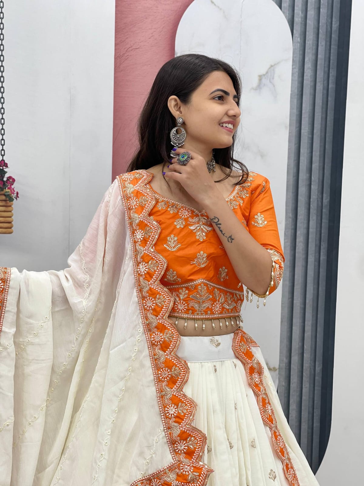 Chinon Embroidery glamour orange lehenga