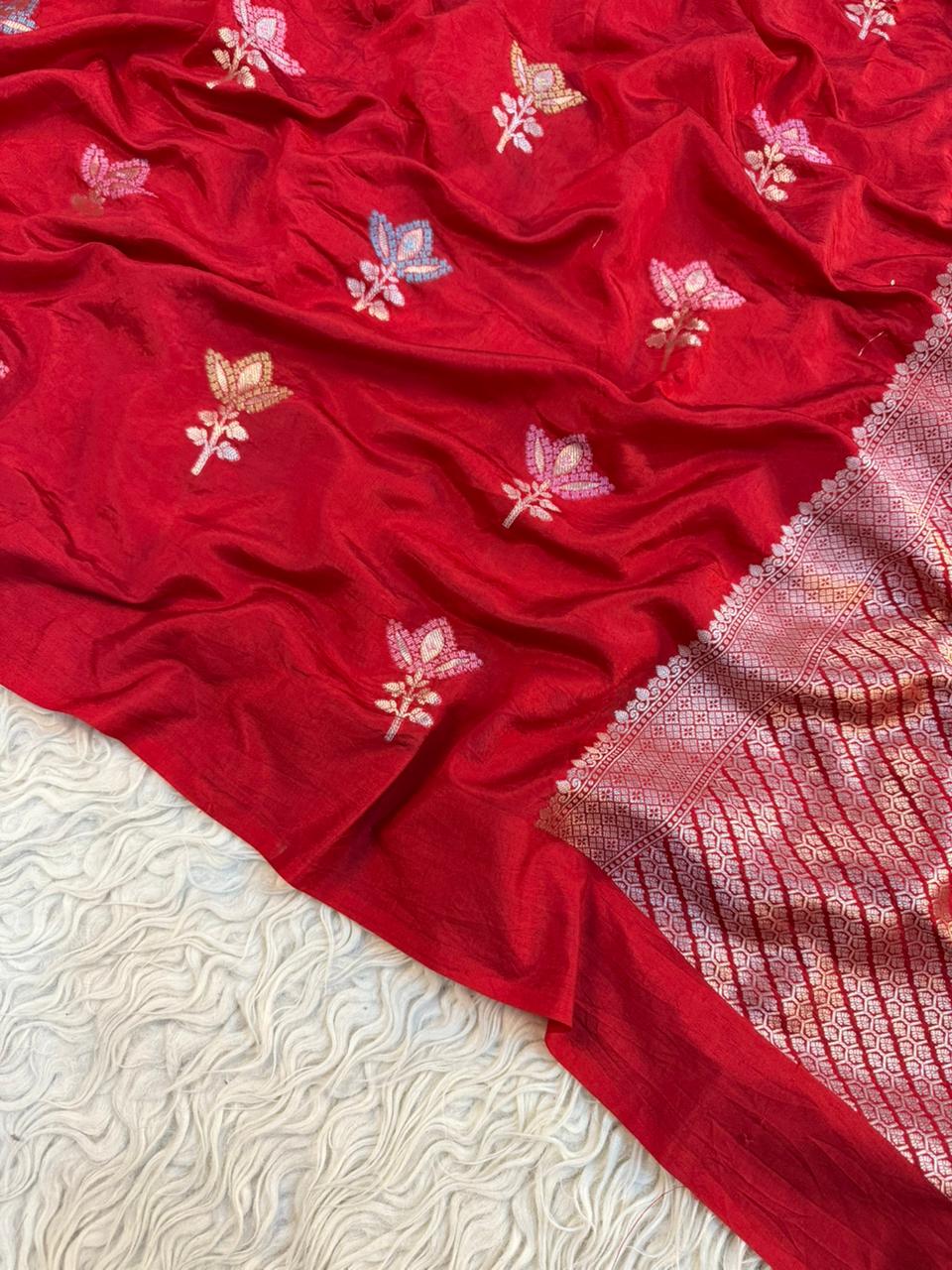 Semi pattu traditional gold zari red minakari  saree