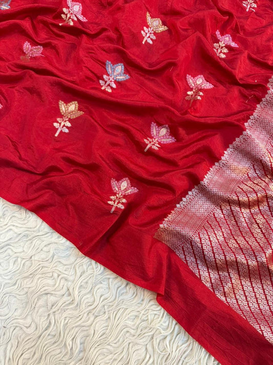 Semi pattu traditional gold zari red minakari  saree