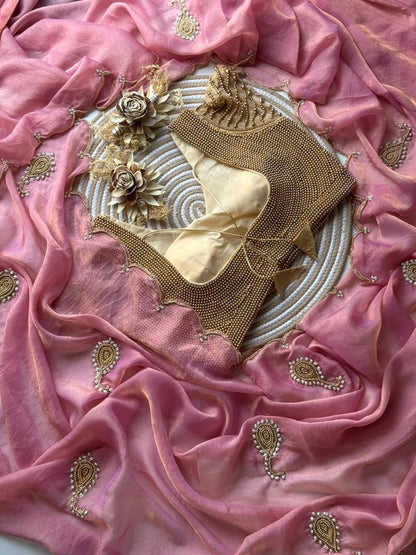 Space Georgette saeee with gold pearl work blouse