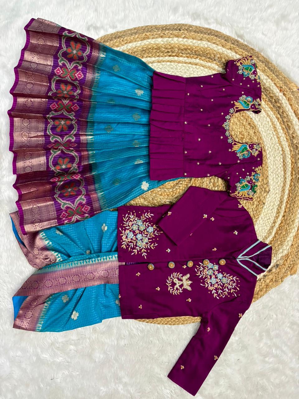 Banaras Silk Kids Wear with Maggam Handwork with boys dhoti with kurta sets