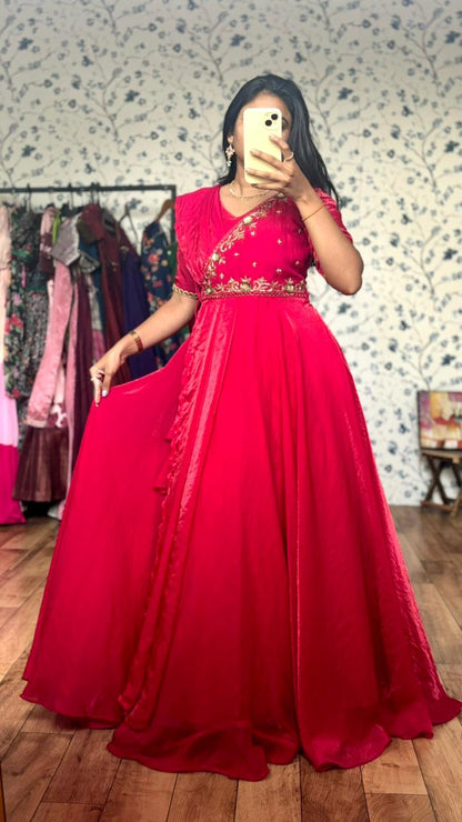 Pink Maggam fusion long Gowns