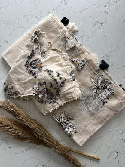 Chanderi Cotton Saree With Multy Thread Cow, Horse Work And Cotton Tussles with stitched blouse