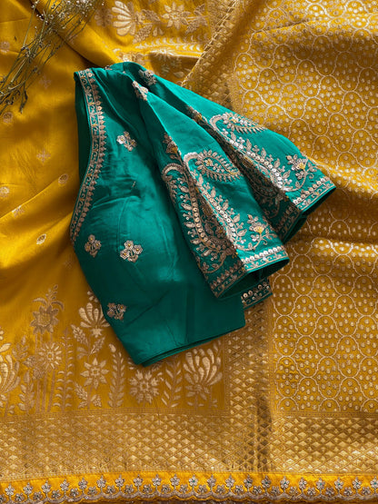 Luxe saree with stitched blouse Munga haldirasam saree