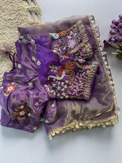 Liquid organza hand work  saree with stitched blouse