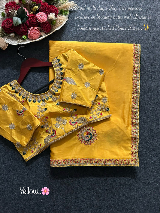 Rani Peacock work designer sari with stitched blouse