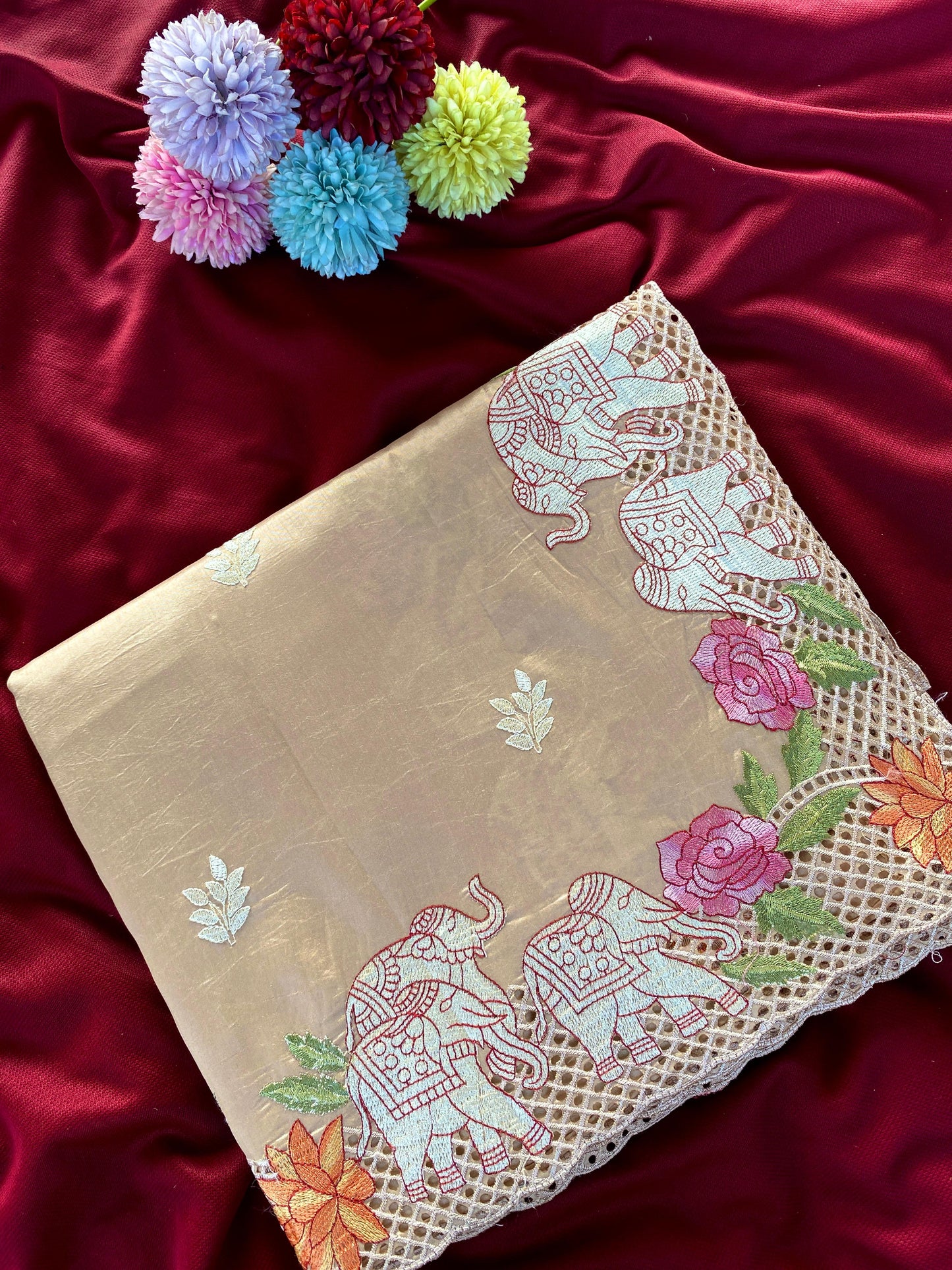 Tussar embroidered hole work premium traditional saree