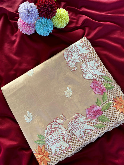 Tussar embroidered hole work premium traditional saree