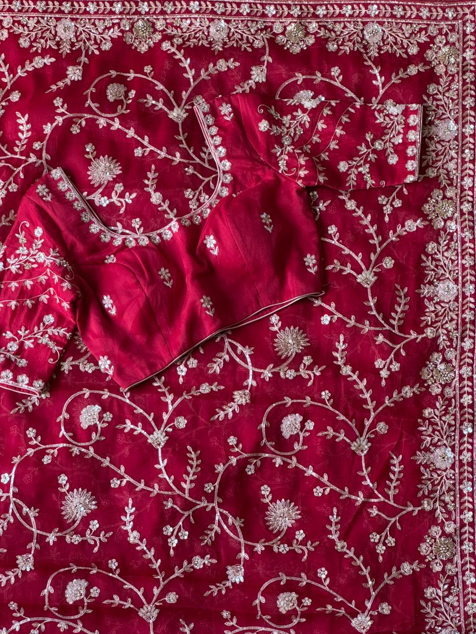 Cherry Aari Work And Handwork saree with stitched Luxe blouse