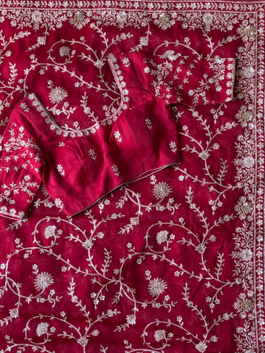Cherry Aari Work And Handwork saree with stitched Luxe blouse