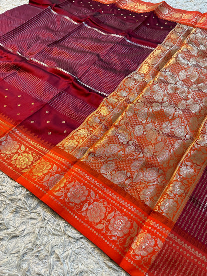 Handloom Banarasi katan soft checks booti saree