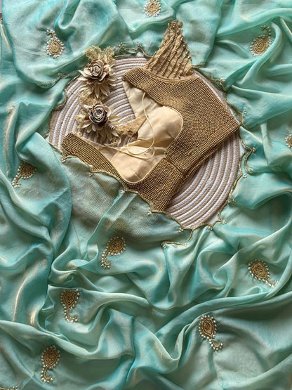 Space Georgette saeee with gold pearl work blouse