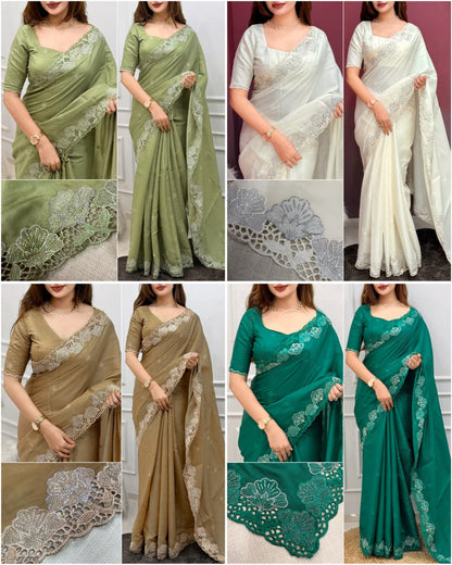 Korean tusser trendy zari embroidery saree