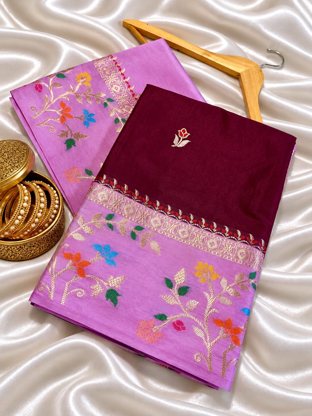 Budget Banarasi Katan Silk Saree with Contrast Alfi Border